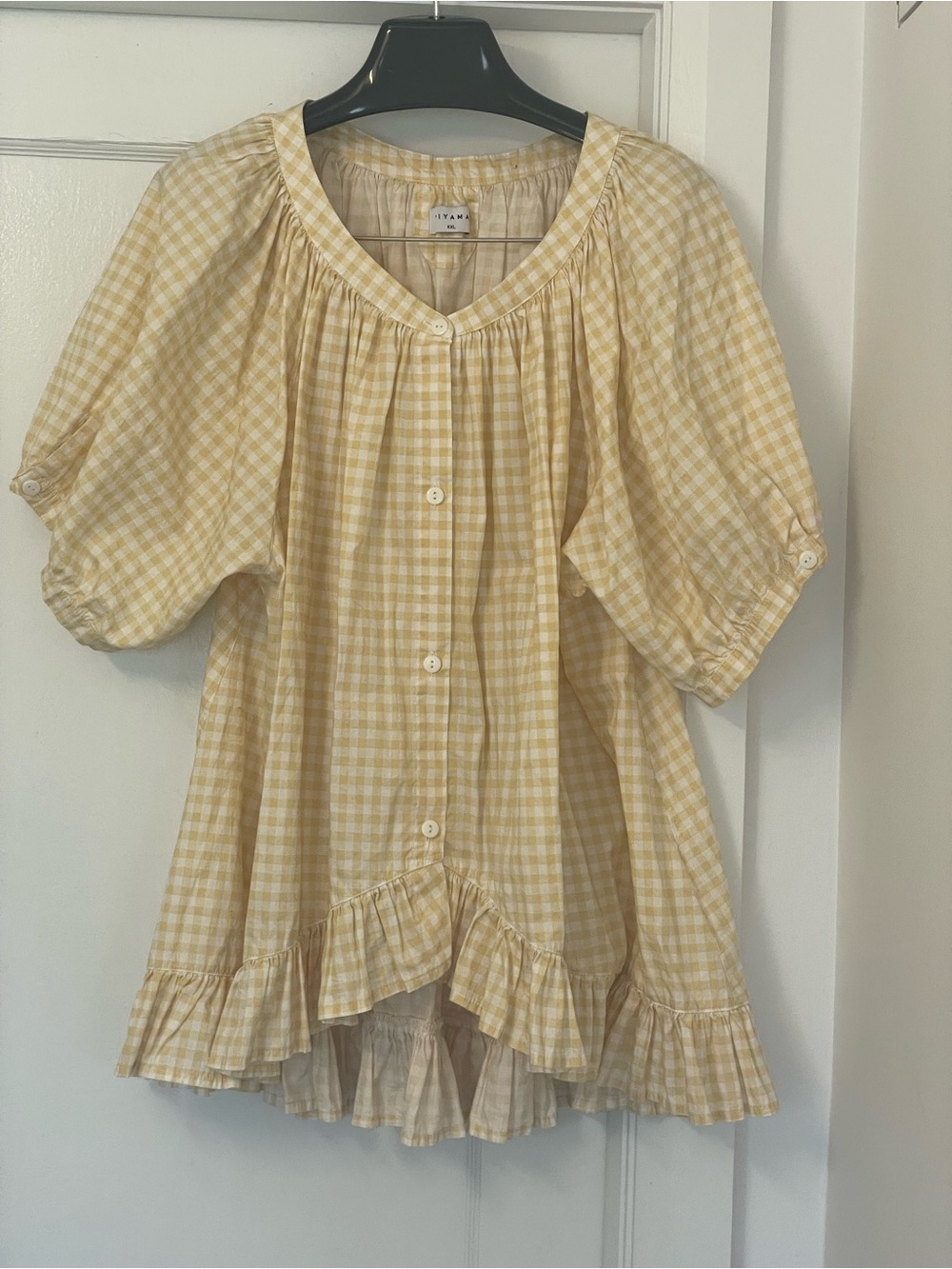 Gingham Ruffle Button-Front Blouse in Pale Yellow